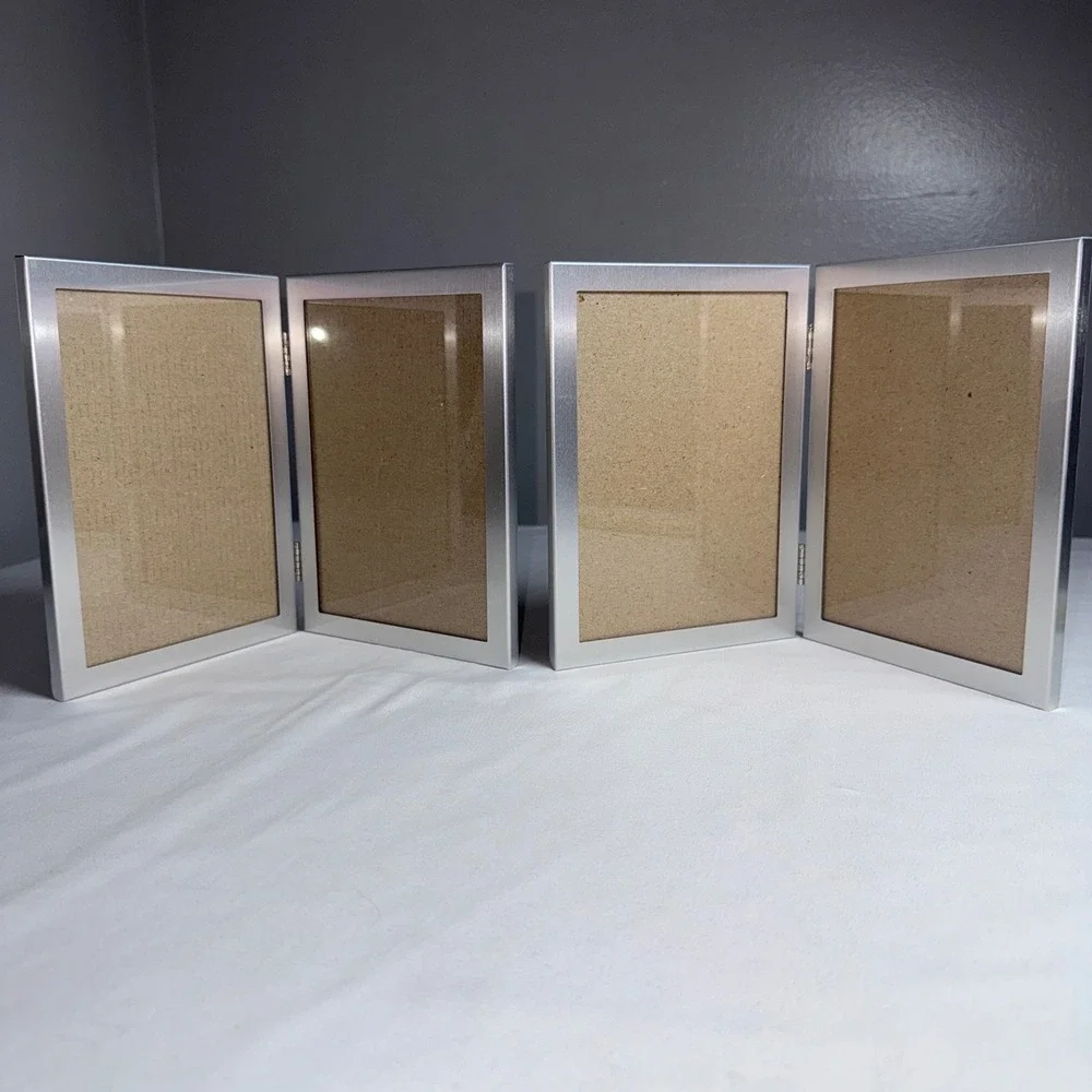 Brushed Silver Metal Double Picture Frames Hinged 5x7 Set of 2 Modern Decor